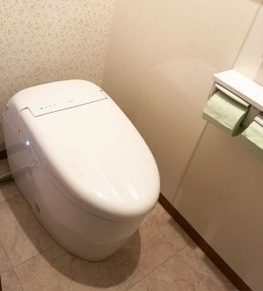 築30年のトイレリフォーム。 両サイドの壁は手入れのしやすい化粧板を選定し、背中はアクセントクロスで仕上げました。